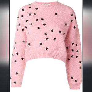 Designer Valentino Cropped Sequin-Embellished Mohair-blend pink sweater hearts